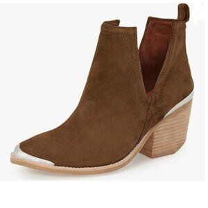YDN Brown Low Heeled Ankle Boots Faux Suede Cowboy Booties Cutout with Metal Toe